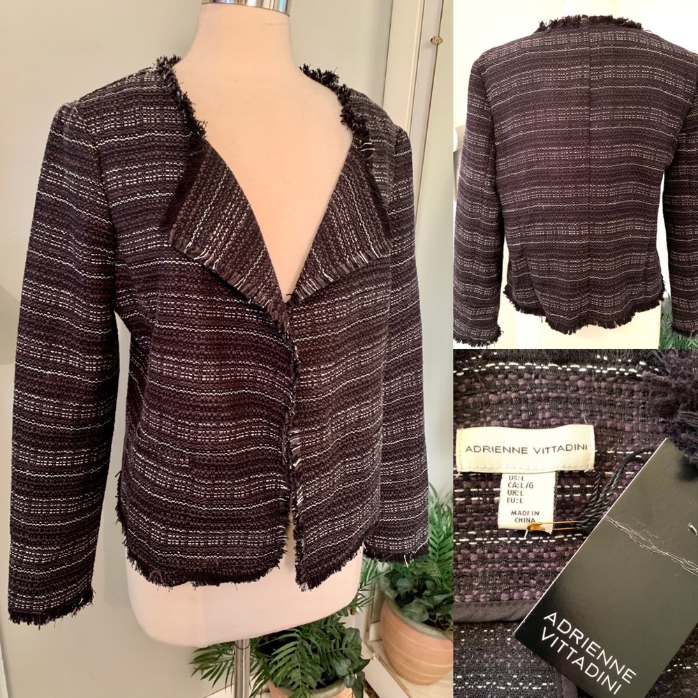Fringed Tweed Open front Jacket Blazer Sz Large NWT